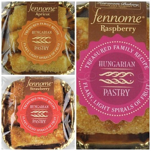 three different flavors of fennome pastry: apricot, strawberry, and raspberry